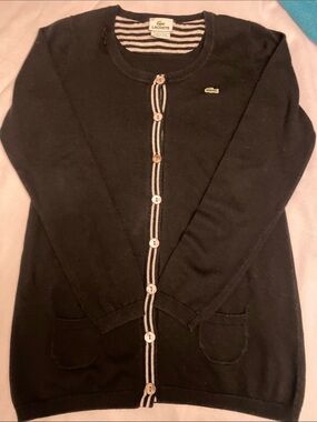 Lacoste Dark Blue Cardigan with Contrast Stripe Trim,
Designed in France